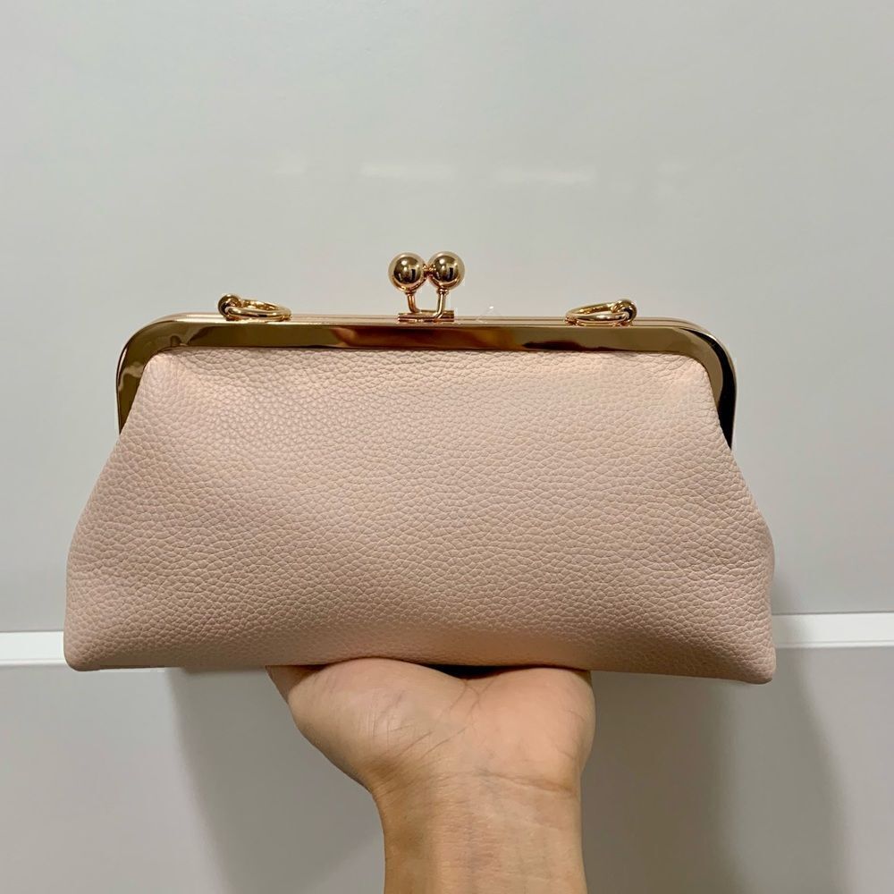 Soft Pink Genuine Pebble Leather Kisslock Clutch/Shoulder Bag/Crossbody